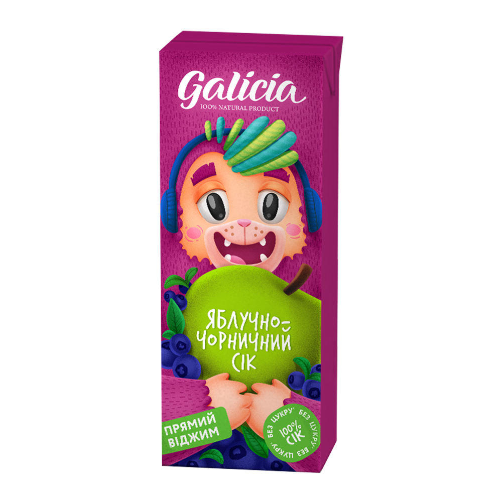 Яблучно-чорничний сік Galicia неосвітлений пастеризований картонна пляшка 0,2 л